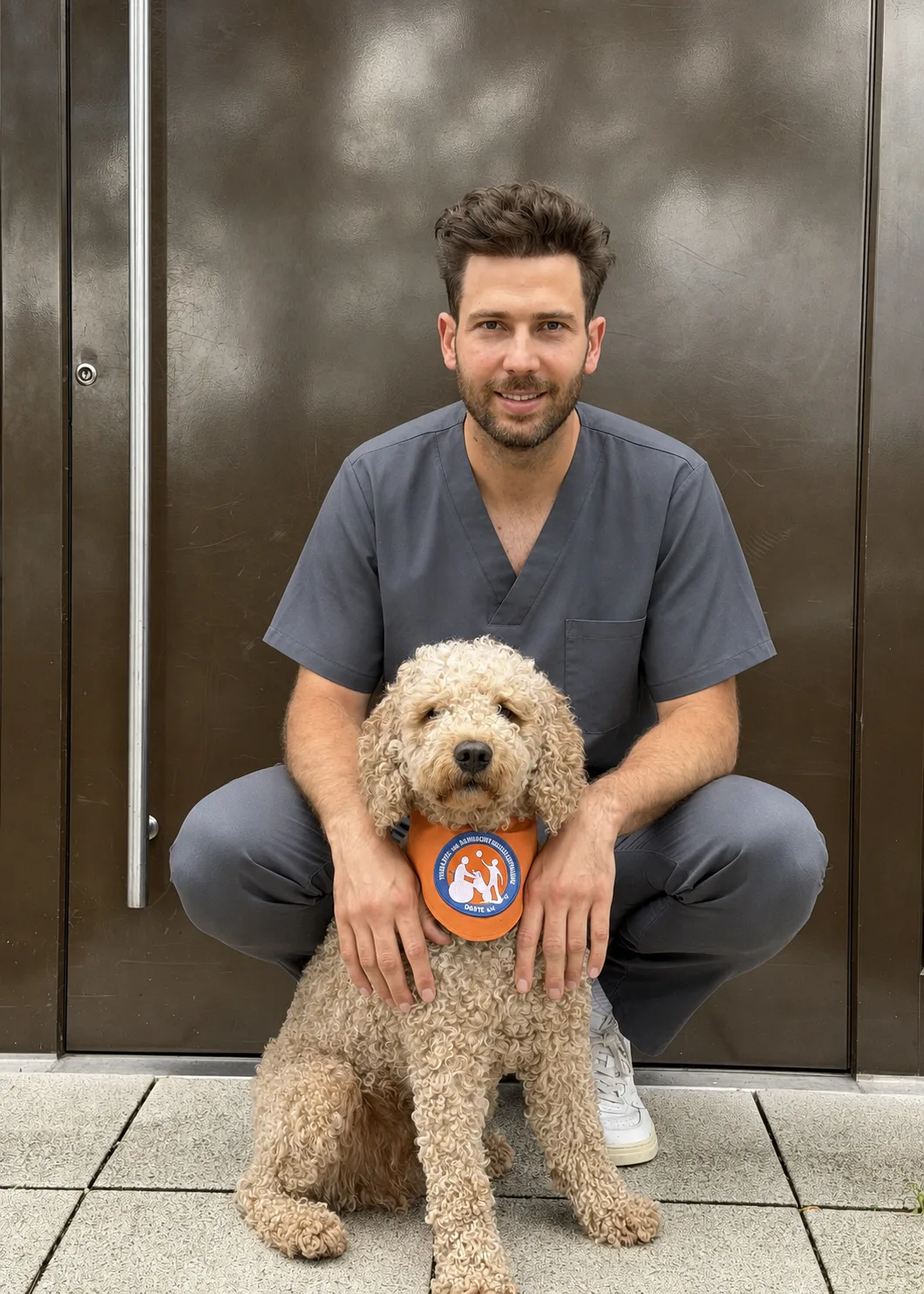 Therapiehund Oskar mit Halstuch sitzt gemeinsam mit seinem Zahnarzt vor der Praxis